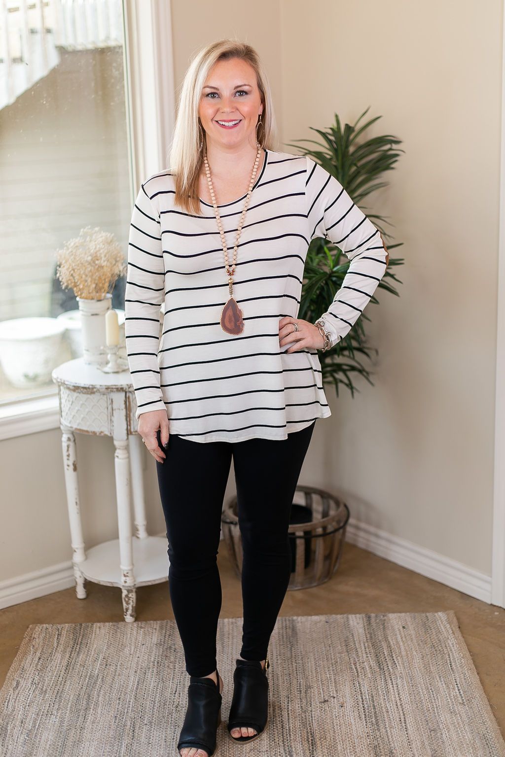 A New Day Long Sleeve Striped Top with Suede Elbow Patches in Black and White