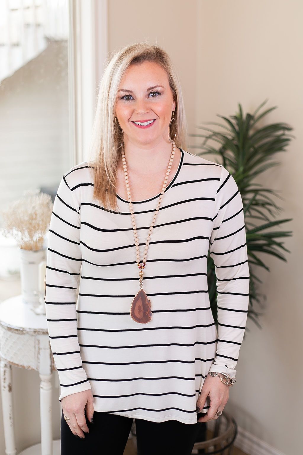 A New Day Long Sleeve Striped Top with Suede Elbow Patches in Black and White