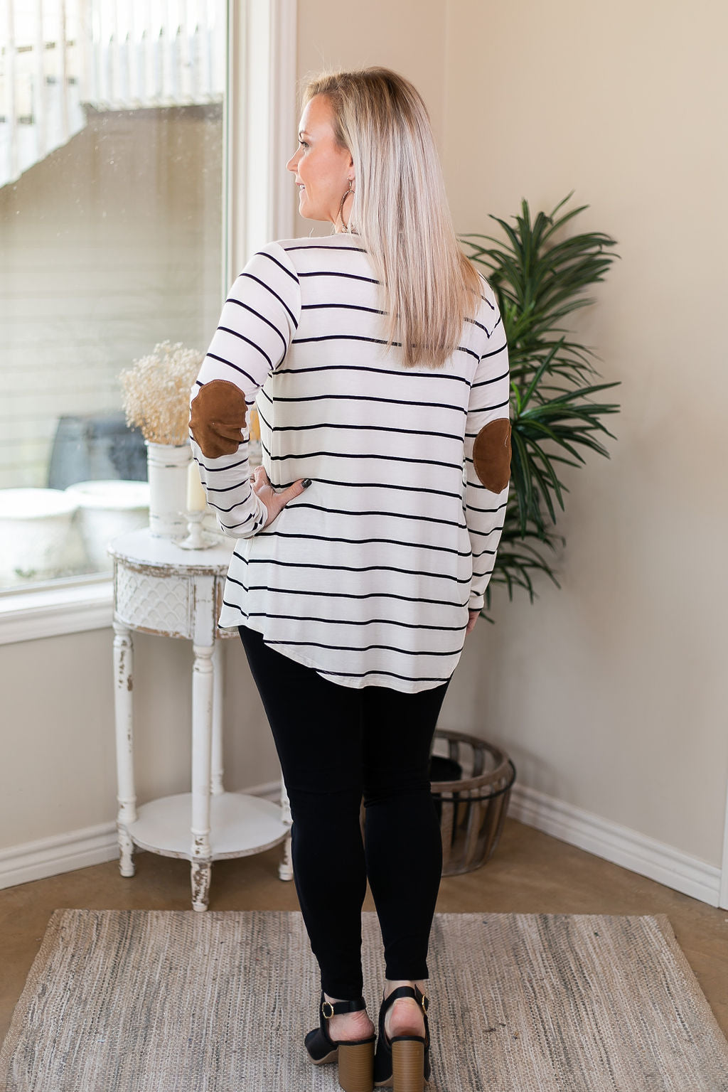A New Day Long Sleeve Striped Top with Suede Elbow Patches in Ivory - Giddy Up Glamour Boutique