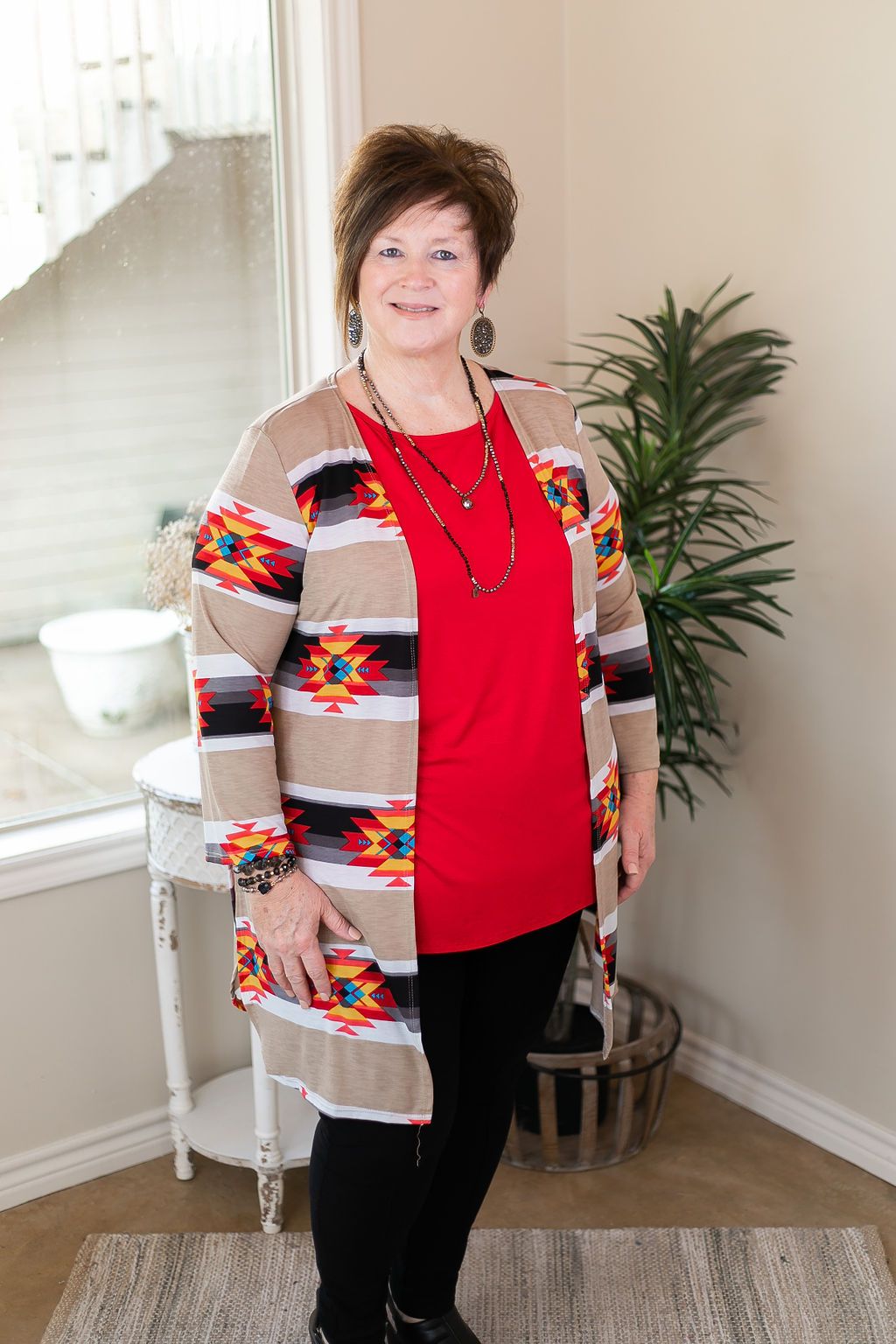 All Eyes On You Aztec Print Cardigan in Tan and Black red tribal print kimono