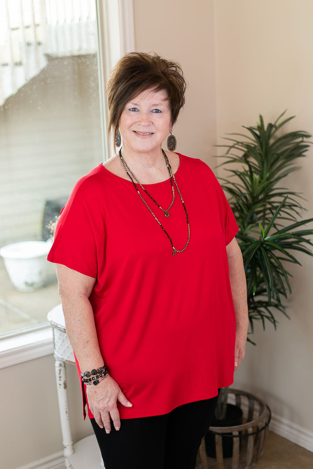 Last Chance Size Small & Medium | Everyday Basics Drop Sleeve Solid Piko Top in Red - Giddy Up Glamour Boutique