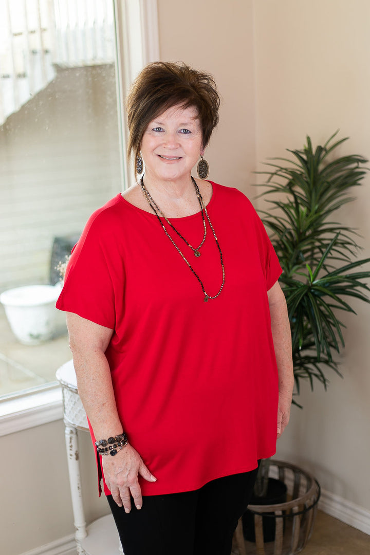 Last Chance Size Small & Medium | Everyday Basics Drop Sleeve Solid Piko Top in Red - Giddy Up Glamour Boutique