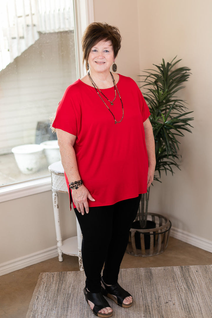Last Chance Size Small & Medium | Everyday Basics Drop Sleeve Solid Piko Top in Red - Giddy Up Glamour Boutique