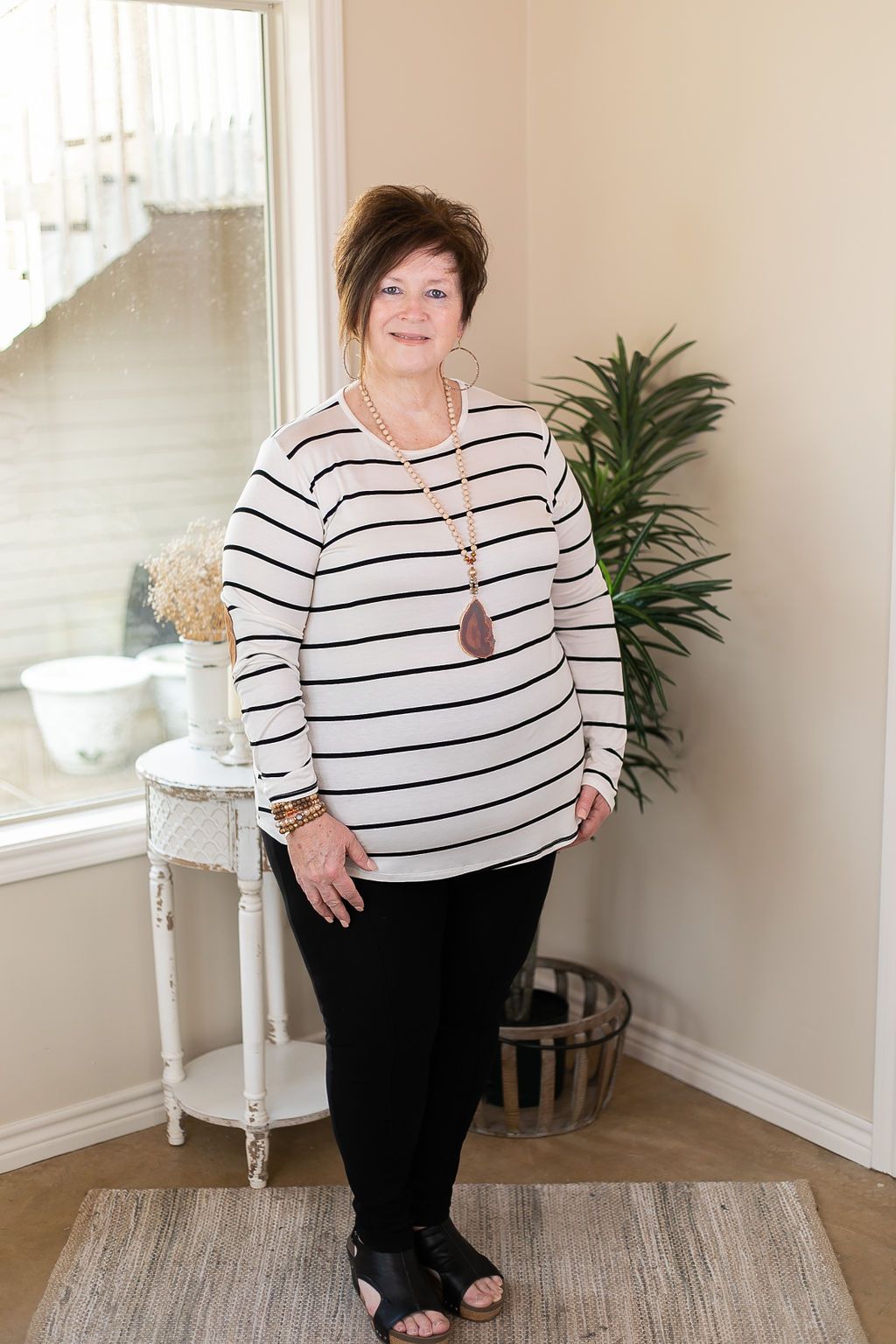 A New Day Long Sleeve Striped Top with Suede Elbow Patches in Black and White