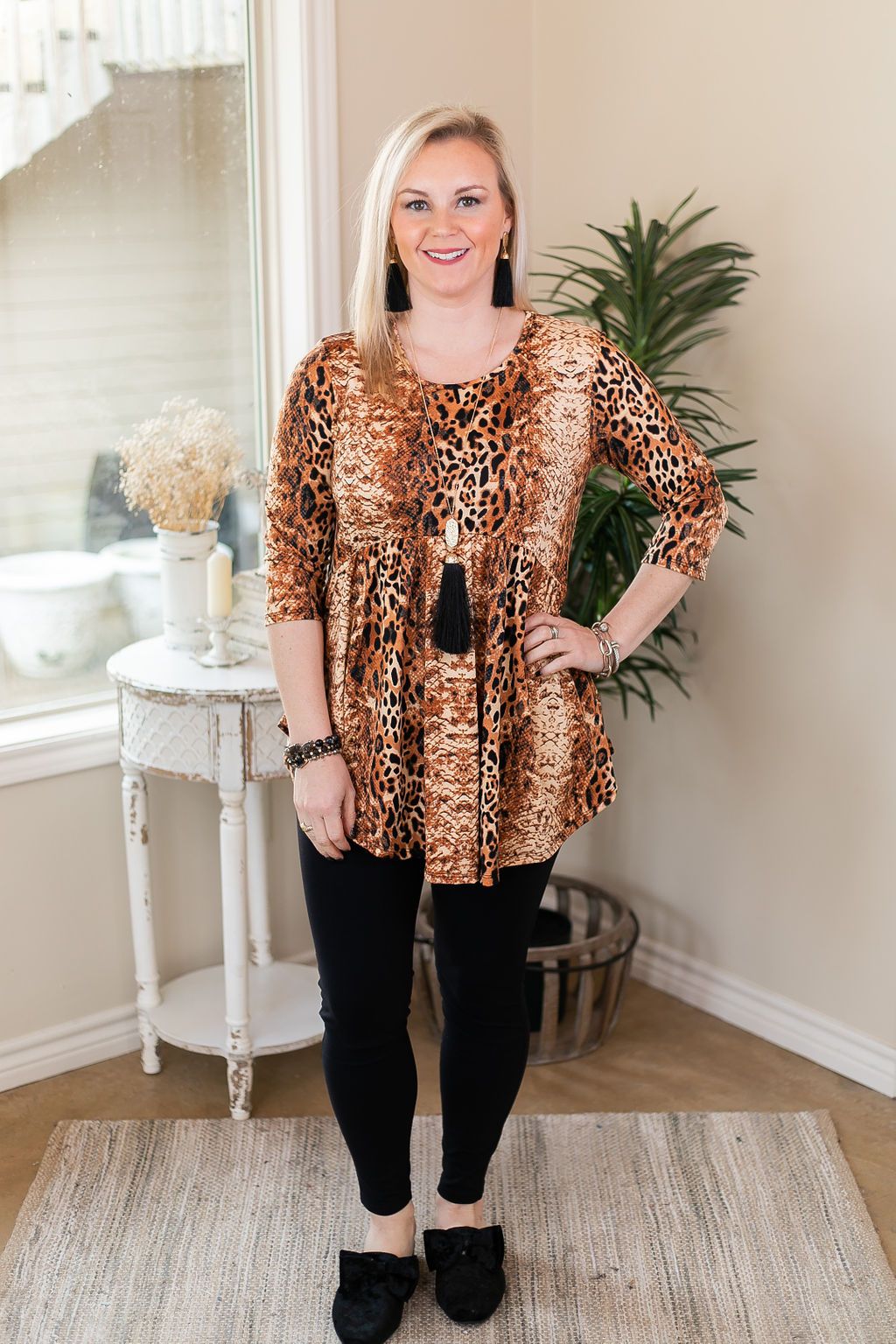 As You Wish Animal Print Baby Doll Top in Rust Red tan black leopard print and cheetah with snakeskin comfy shirt