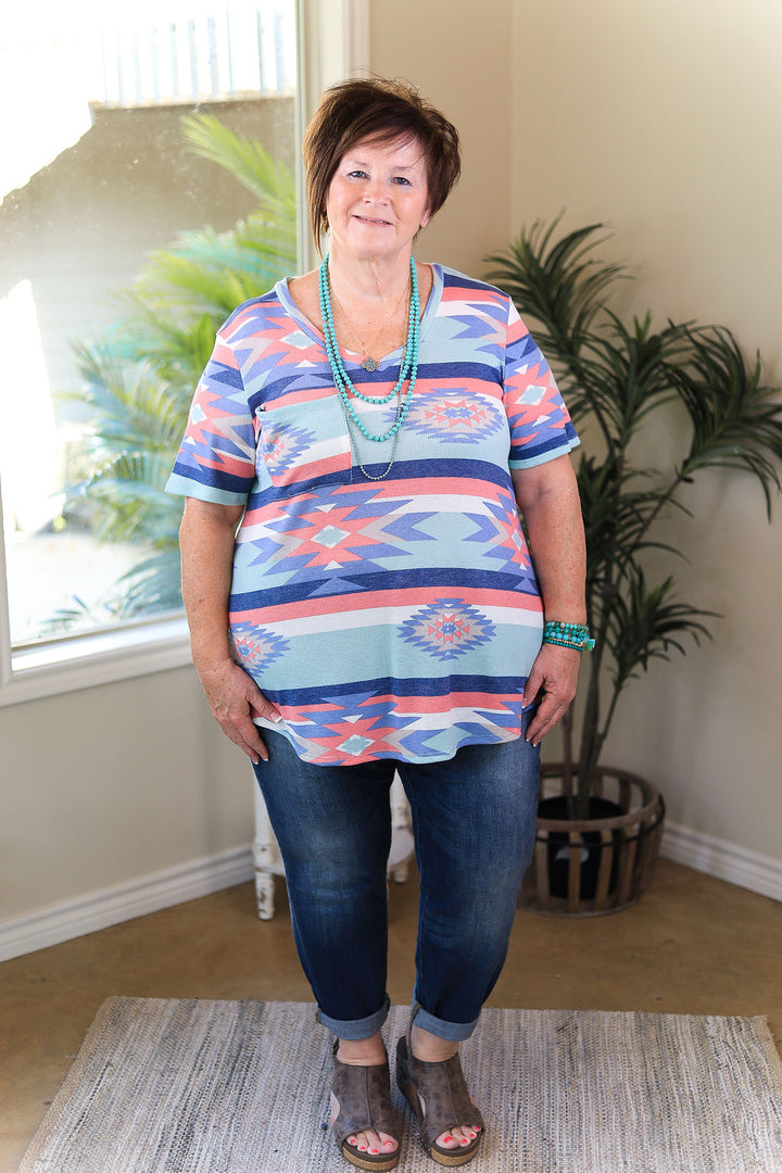 Just Right Short Sleeve Aztec Print Pocket Tee in Mint & Coral - Giddy Up Glamour Boutique