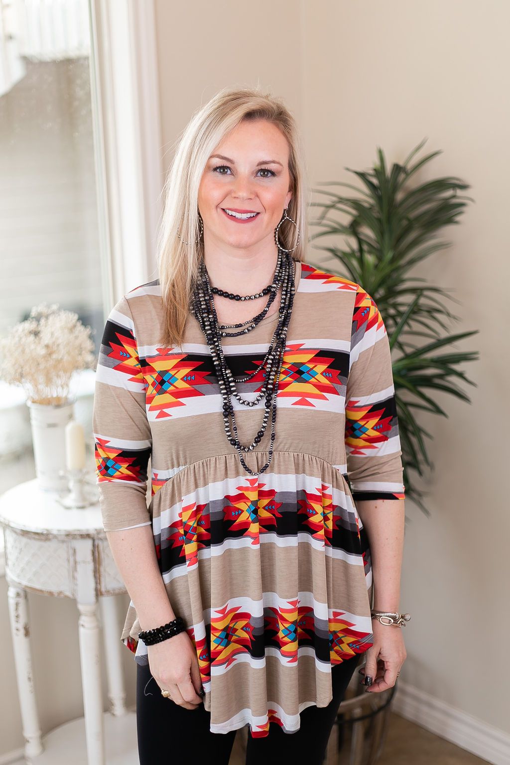 As You Wish Aztec Print Baby Doll Top in Taupe with red and black and yellow western fashion 3/4 sleeve top
