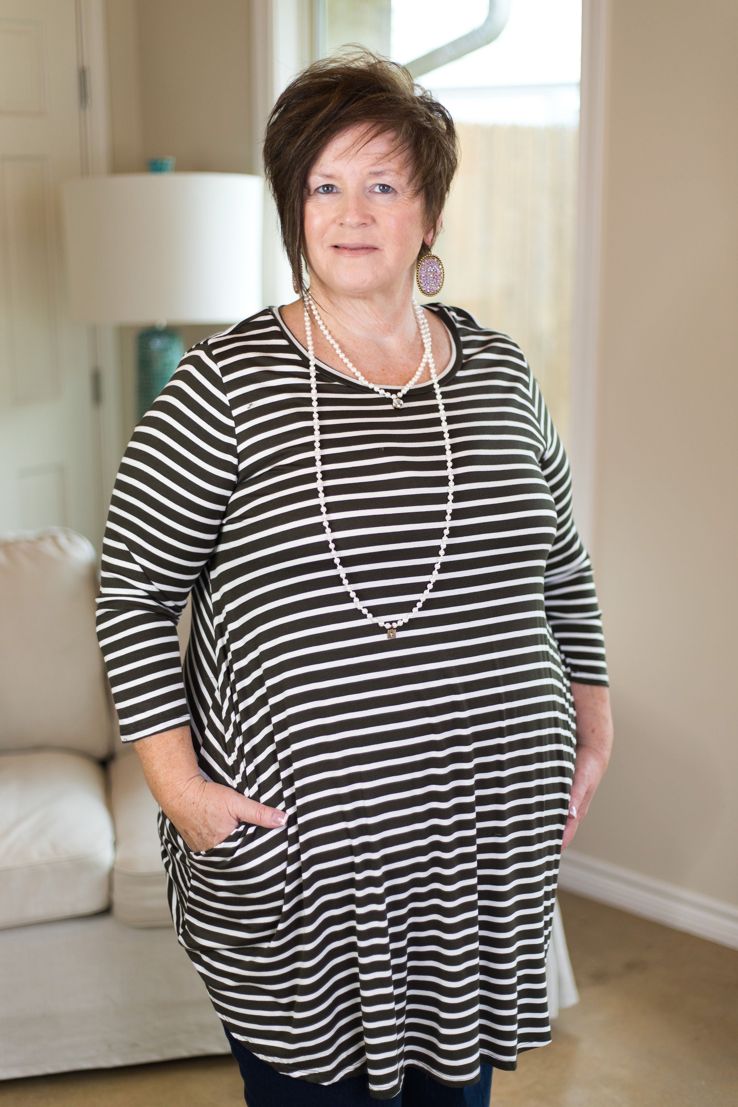 Earn Your Stripes 3/4 Sleeve Stripe Dress in Olive Green - Giddy Up Glamour Boutique