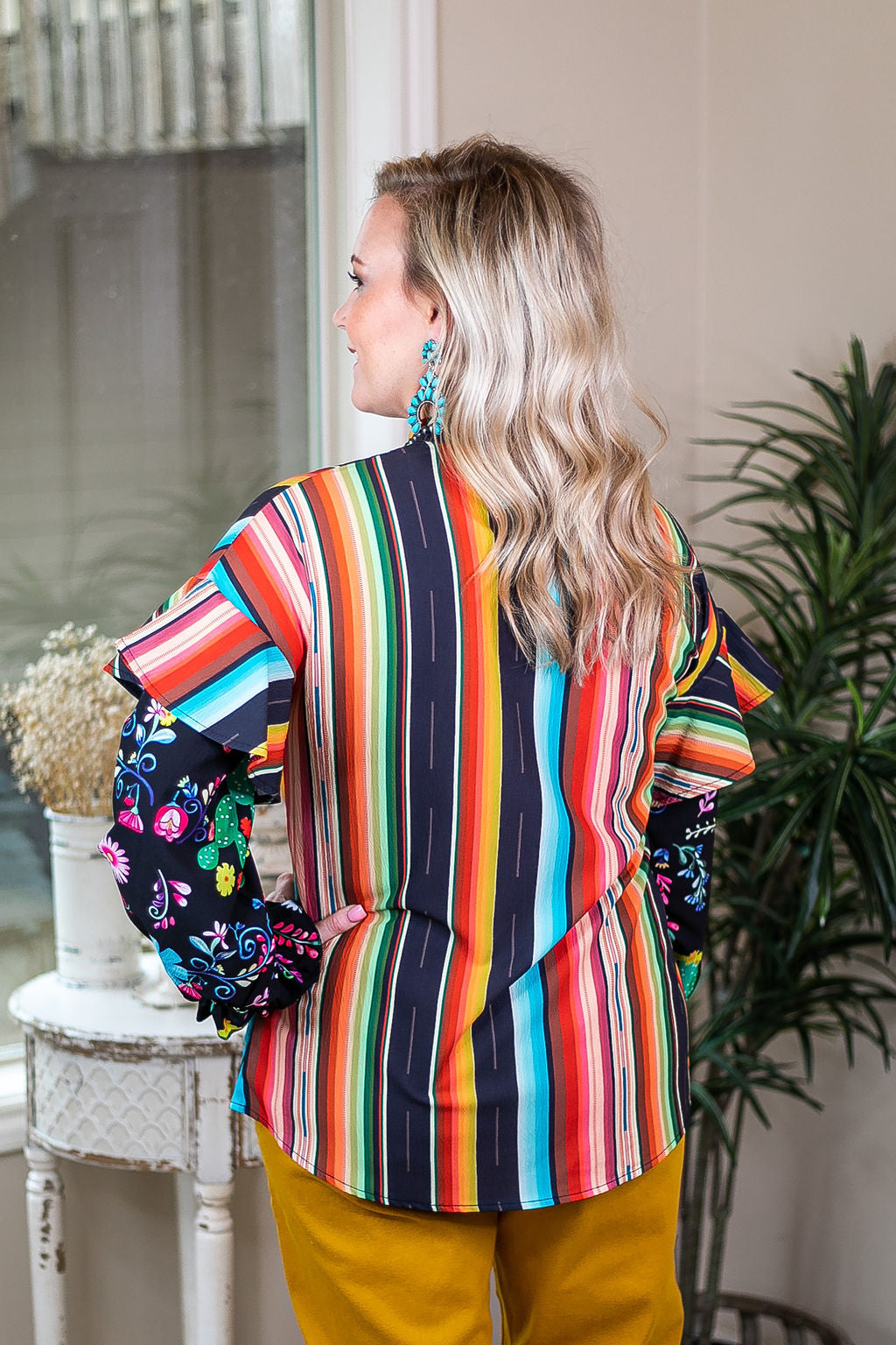 Got A Good Feeling Ruffled Puff Sleeve Top in Serape - Giddy Up Glamour Boutique