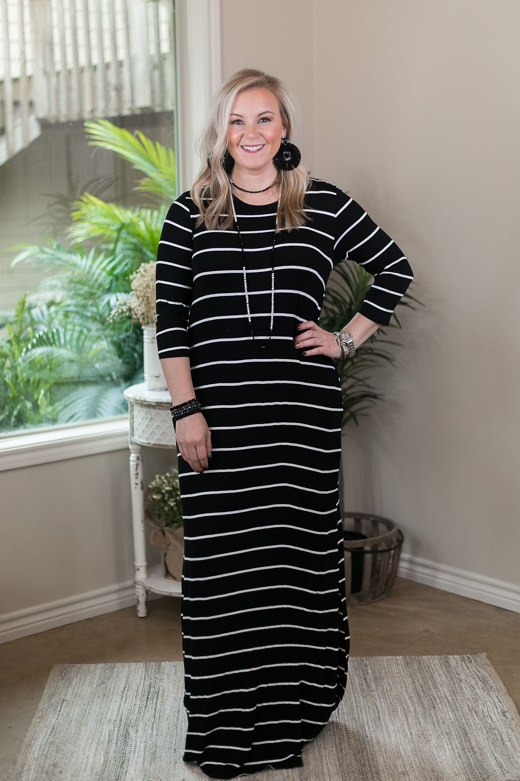 Last Chance Size Small & Medium | Set The Tone Stripe Maxi Dress with Pockets in Black - Giddy Up Glamour Boutique