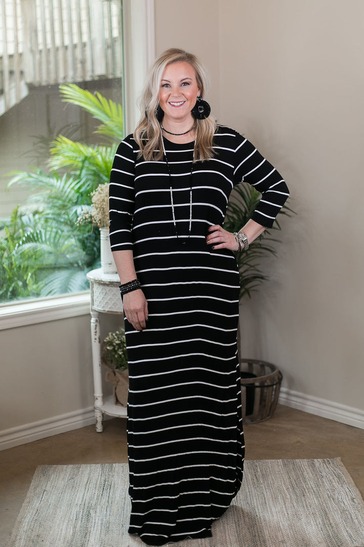 Last Chance Size Small & Medium | Set The Tone Stripe Maxi Dress with Pockets in Black - Giddy Up Glamour Boutique