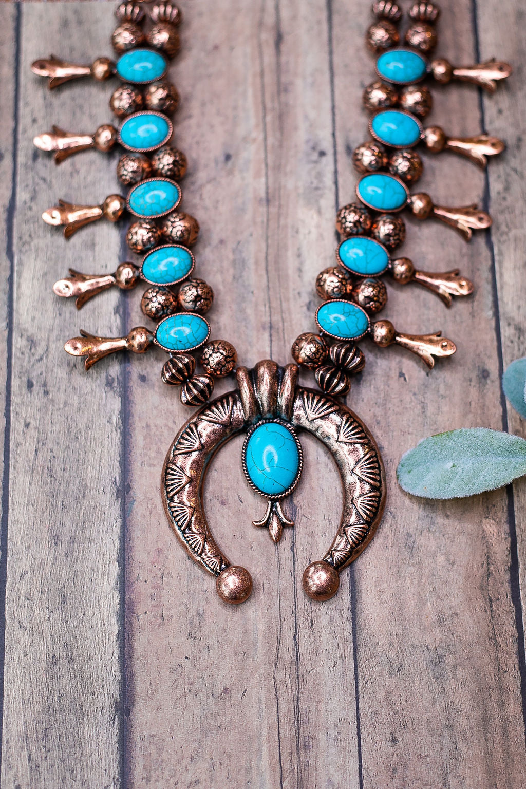 Copper Tone Squash Blossom Necklace with Turquoise Stones – Giddy