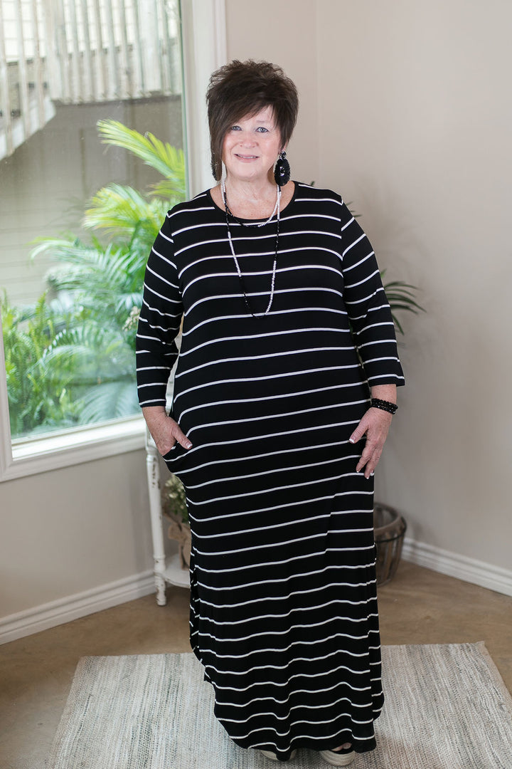 Last Chance Size Small & Medium | Set The Tone Stripe Maxi Dress with Pockets in Black - Giddy Up Glamour Boutique