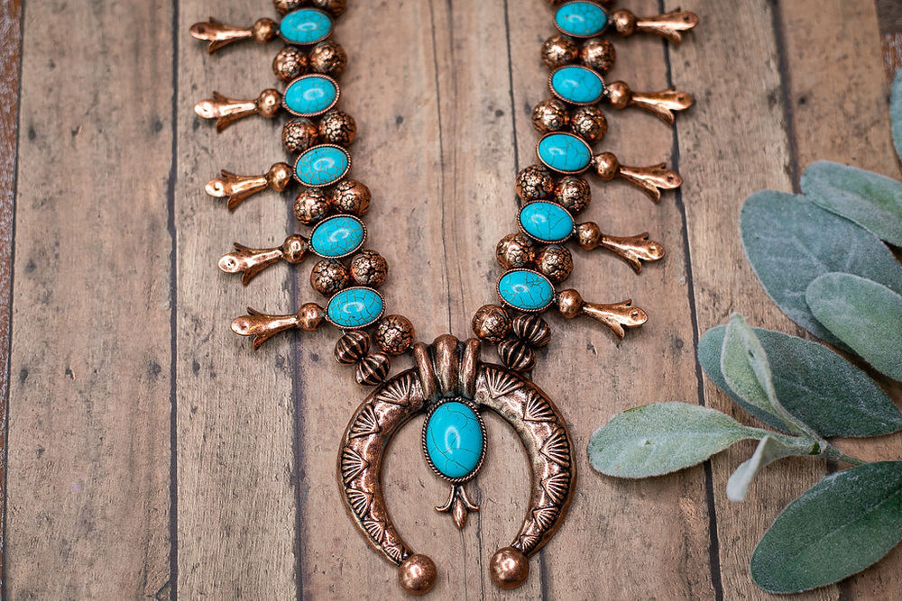 Copper Tone Squash Blossom Necklace with Turquoise Stones - Giddy Up Glamour Boutique