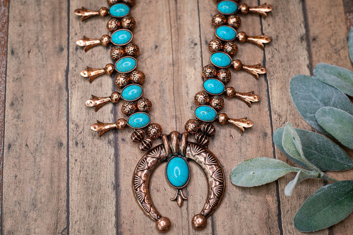 Copper Tone Squash Blossom Necklace with Turquoise Stones - Giddy Up Glamour Boutique