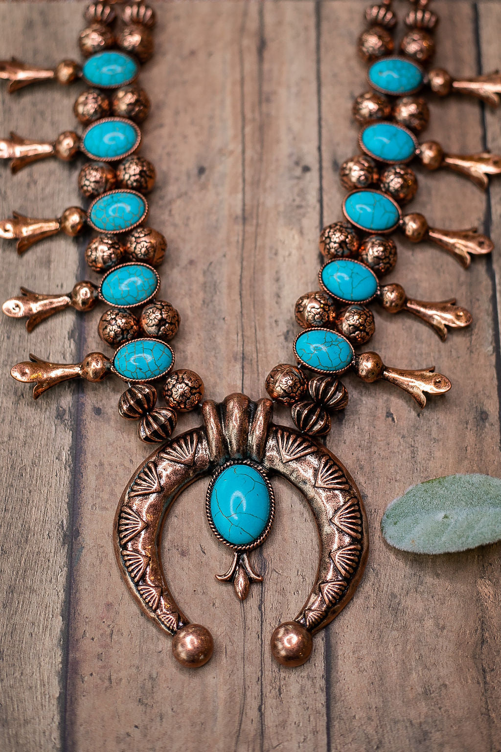 Copper Tone Squash Blossom Necklace with Turquoise Stones - Giddy Up Glamour Boutique