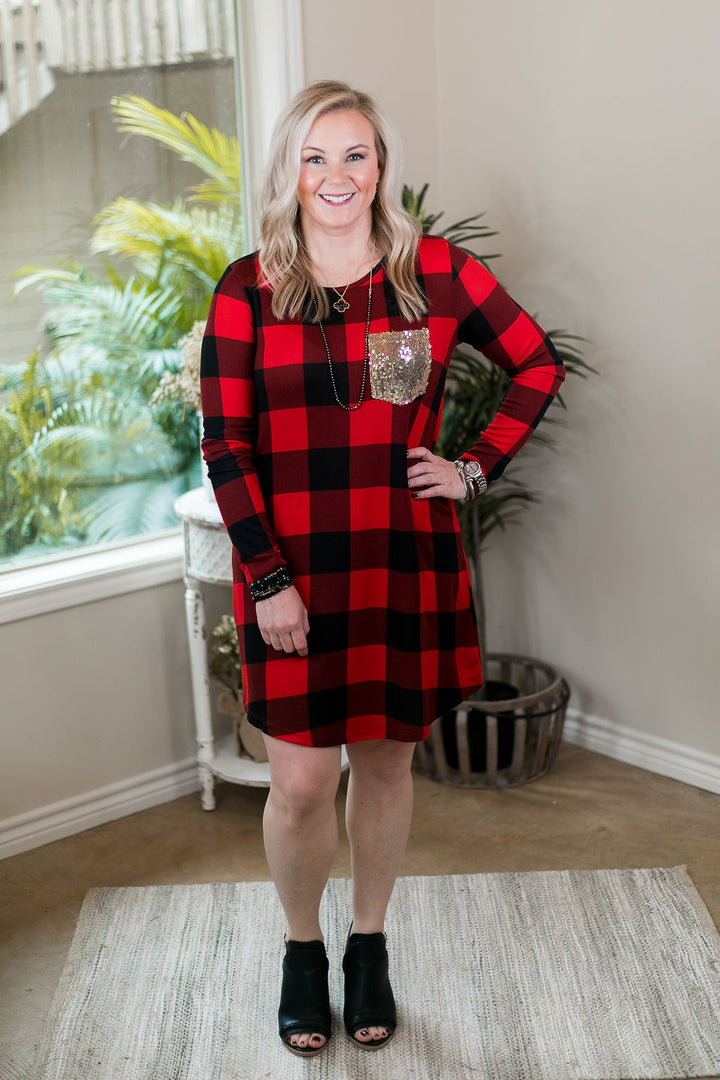 Last Chance Size Small & Medium | Making Spirits Bright Buffalo Plaid Print Dress with Sequin Pocket in Red - Giddy Up Glamour Boutique