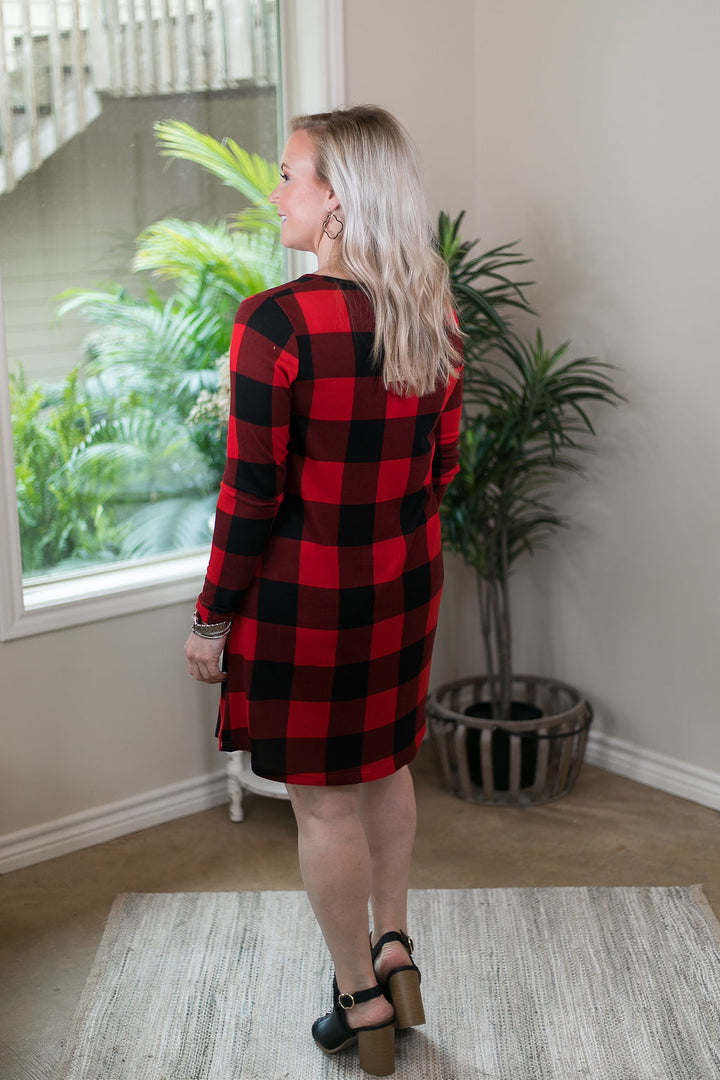 Last Chance Size Small & Medium | Making Spirits Bright Buffalo Plaid Print Dress with Sequin Pocket in Red - Giddy Up Glamour Boutique