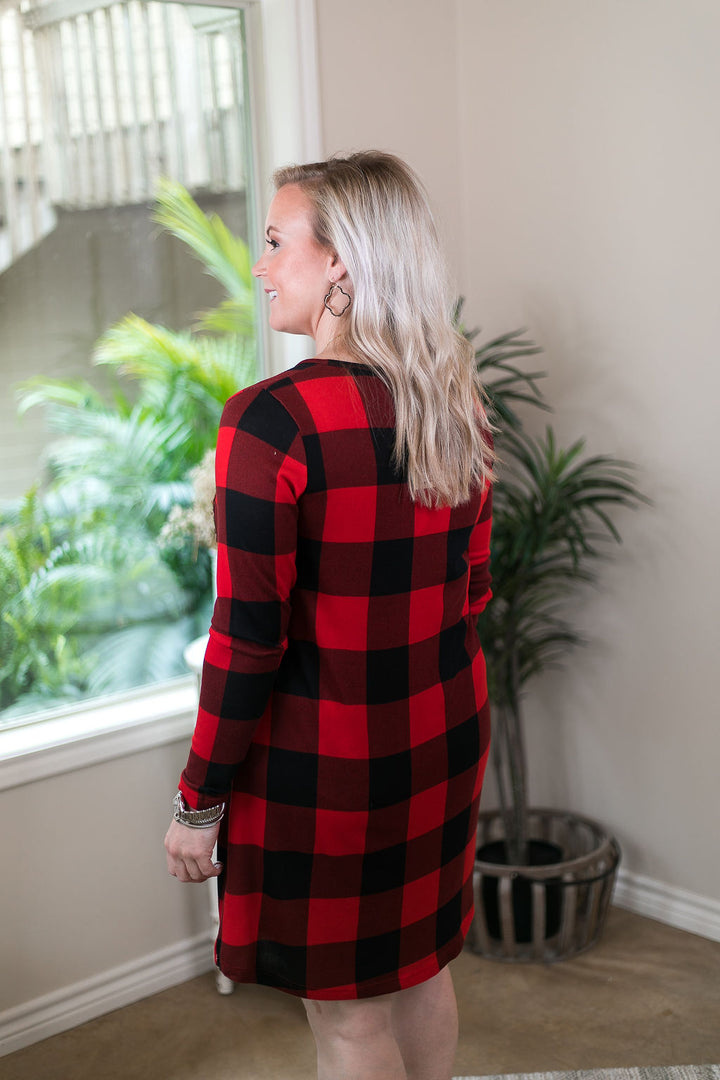 Last Chance Size Small & Medium | Making Spirits Bright Buffalo Plaid Print Dress with Sequin Pocket in Red - Giddy Up Glamour Boutique
