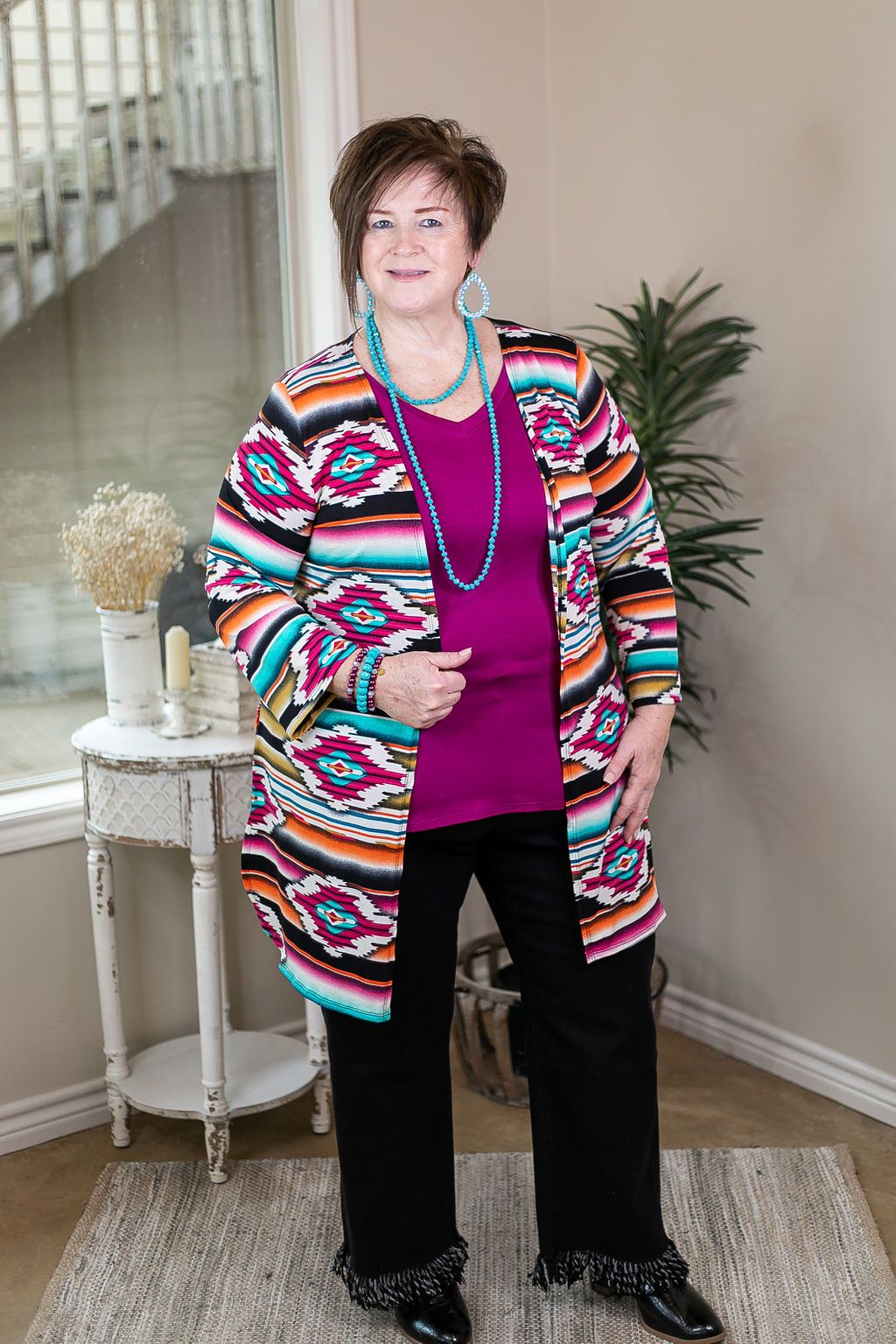 All Eyes On You Aztec Print Cardigan in Magenta and Gold pink and yellow and turquoise cardigan