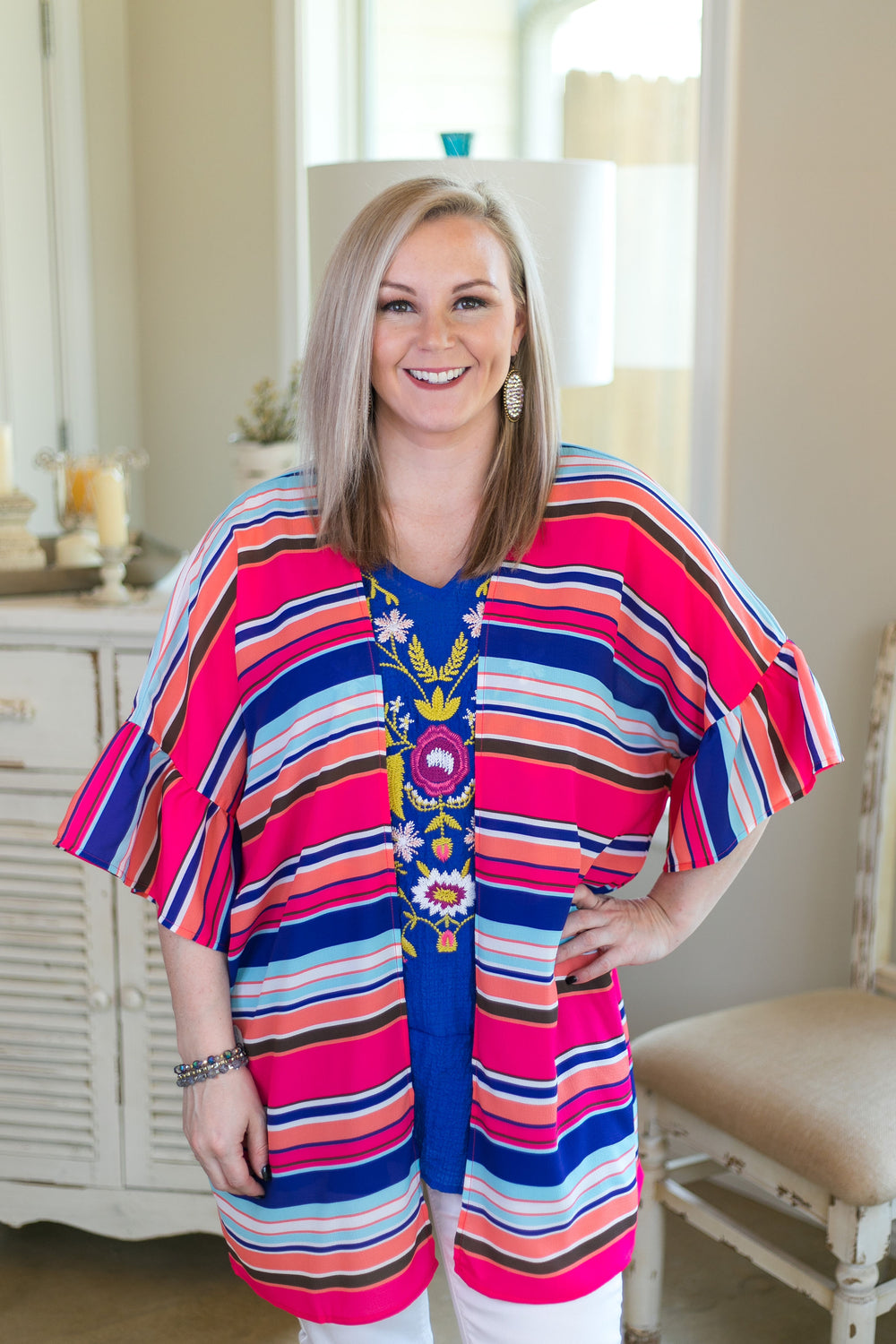 Over the line Women's trendy plus size boutique clothing affordable stripe striped print kimono duster sheer cover up with ruffle sleeves navy blue pink coral rainbow multi color umgee