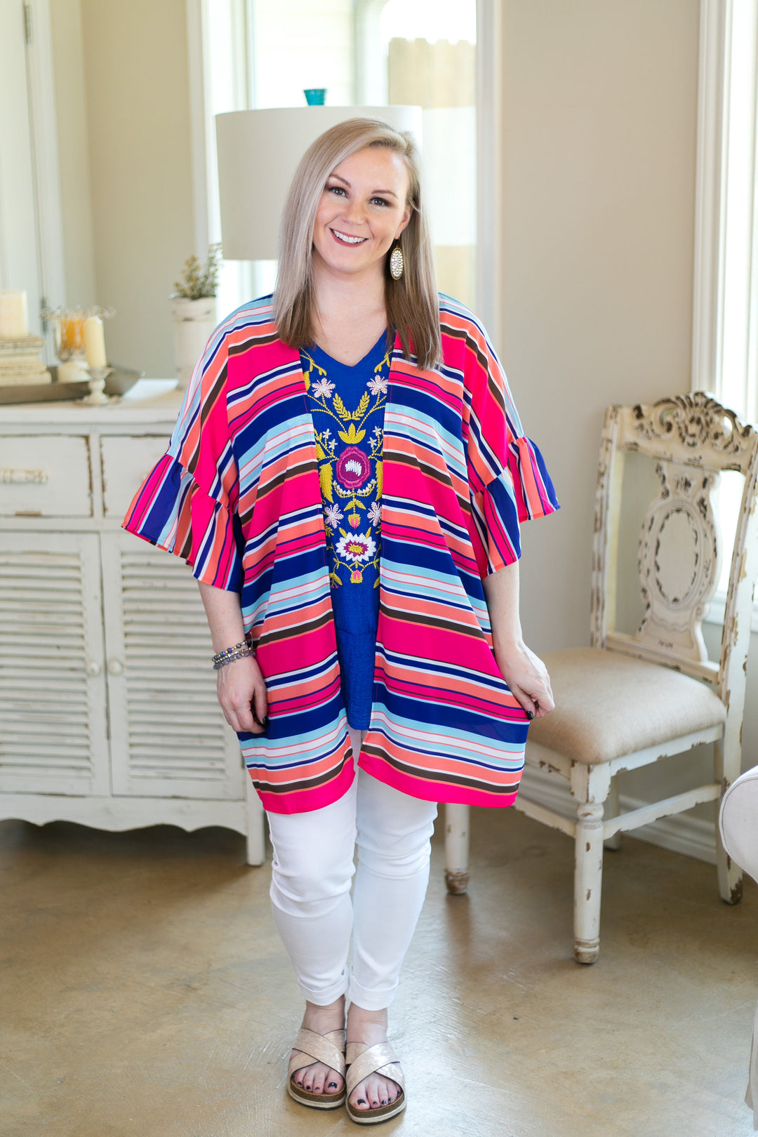 Over the line Women's trendy plus size boutique clothing affordable stripe striped print kimono duster sheer cover up with ruffle sleeves navy blue pink coral rainbow multi color umgee