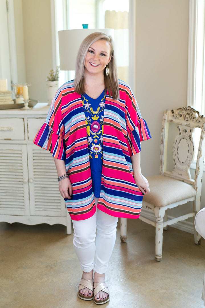 Over the line Women's trendy plus size boutique clothing affordable stripe striped print kimono duster sheer cover up with ruffle sleeves navy blue pink coral rainbow multi color umgee