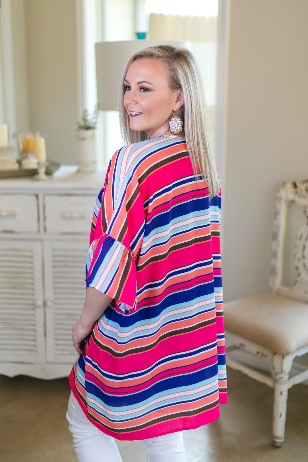 Over the line Women's trendy plus size boutique clothing affordable stripe striped print kimono duster sheer cover up with ruffle sleeves navy blue pink coral rainbow multi color umgee