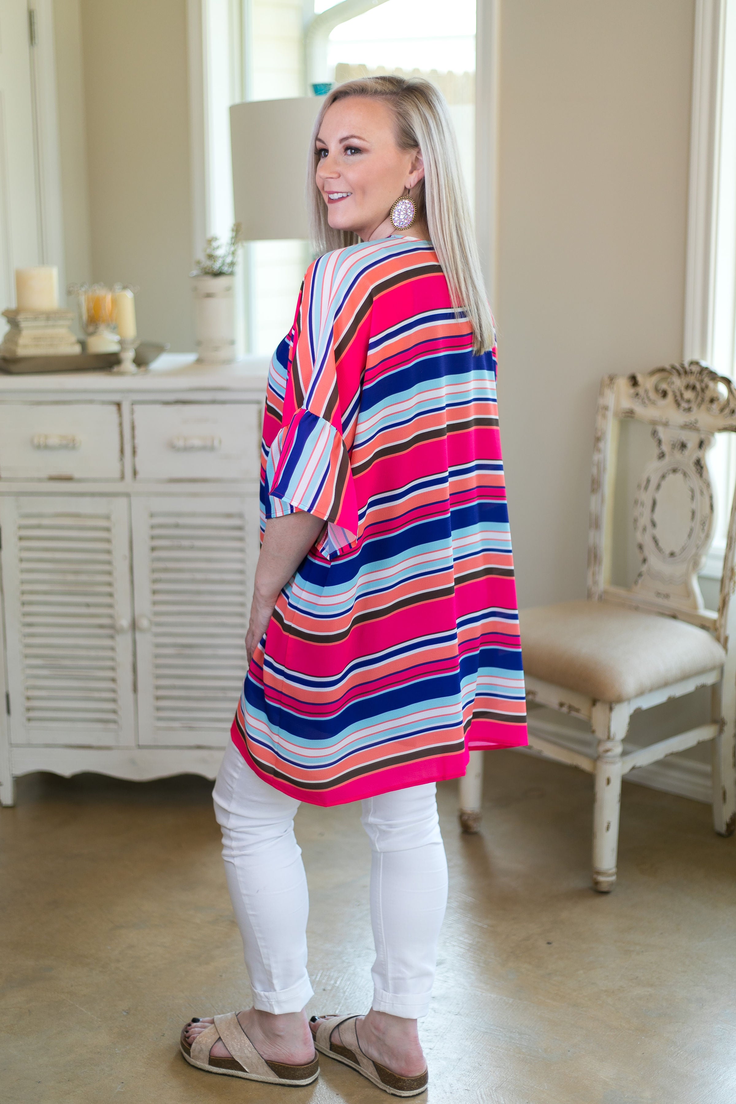 Over the line Women's trendy plus size boutique clothing affordable stripe striped print kimono duster sheer cover up with ruffle sleeves navy blue pink coral rainbow multi color umgee