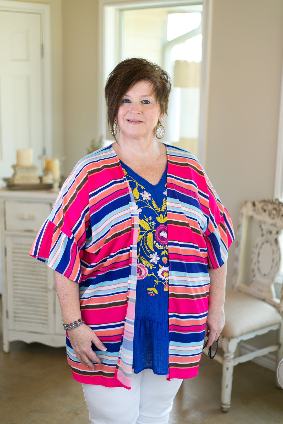 Over the line Women's trendy plus size boutique clothing affordable stripe striped print kimono duster sheer cover up with ruffle sleeves navy blue pink coral rainbow multi color umgee