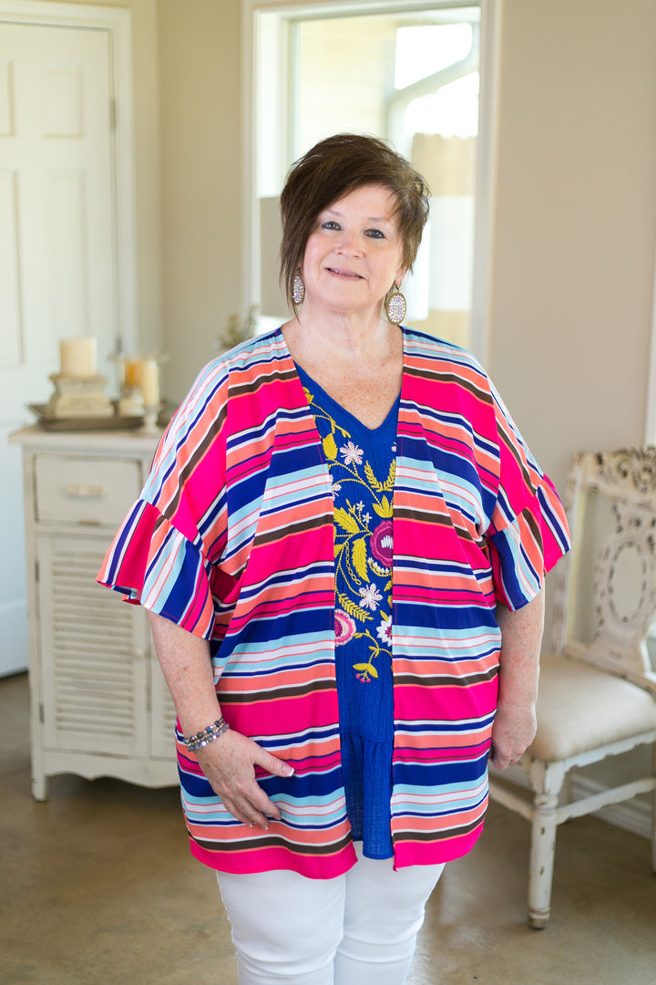 Over the line Women's trendy plus size boutique clothing affordable stripe striped print kimono duster sheer cover up with ruffle sleeves navy blue pink coral rainbow multi color umgee