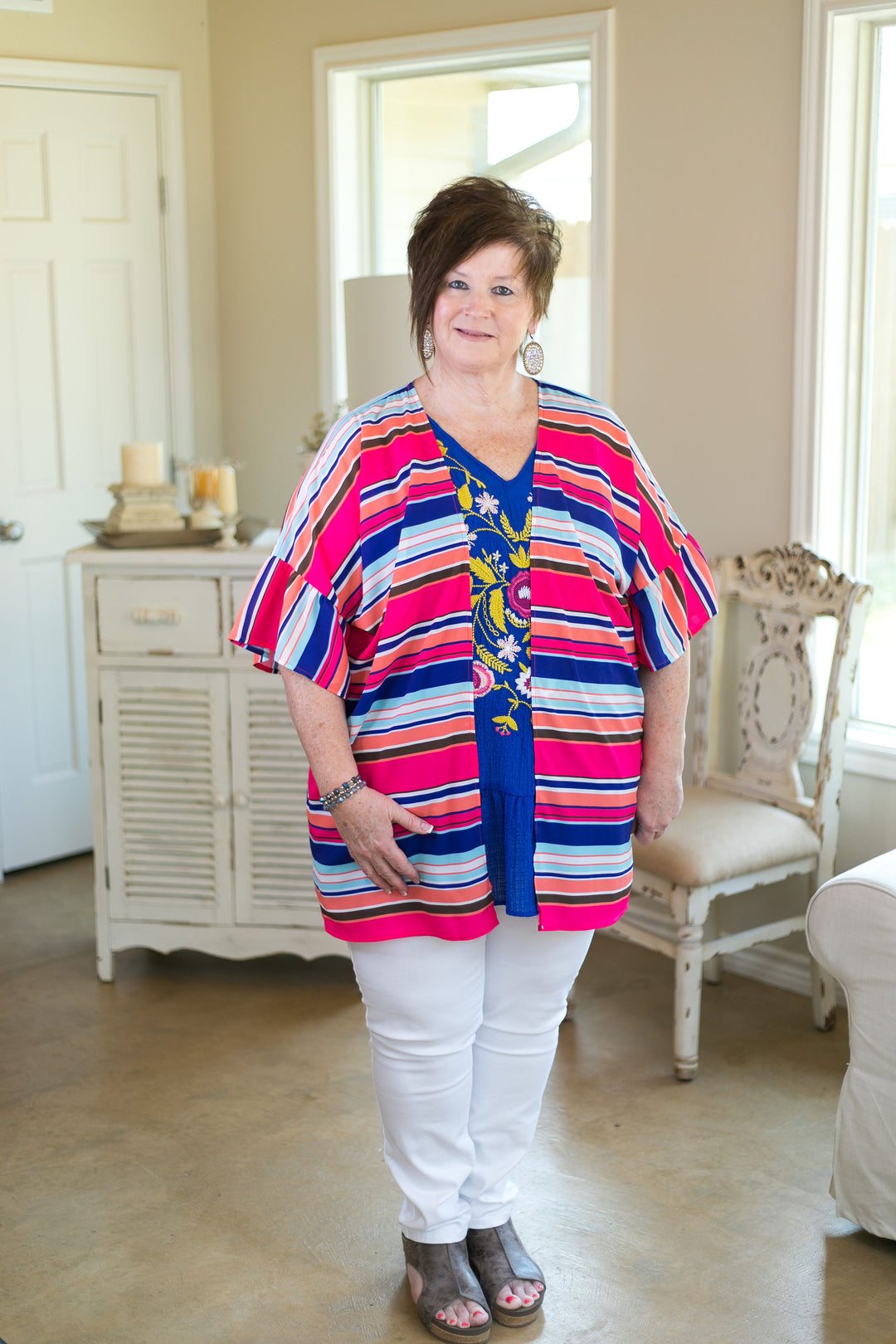 Over the line Women's trendy plus size boutique clothing affordable stripe striped print kimono duster sheer cover up with ruffle sleeves navy blue pink coral rainbow multi color umgee