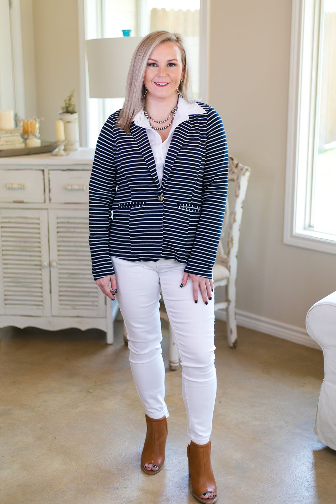 women's plus size boutique trendy professional blazer jacket work wear stripe striped stripes navy blue