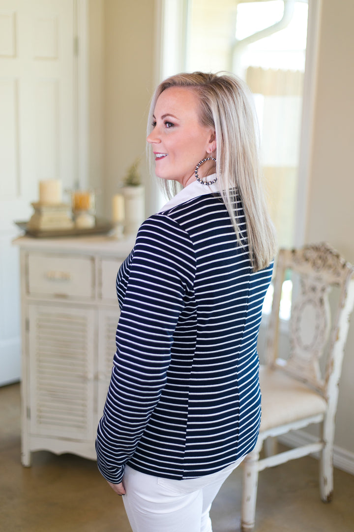 women's plus size boutique trendy professional blazer jacket work wear stripe striped stripes navy blue