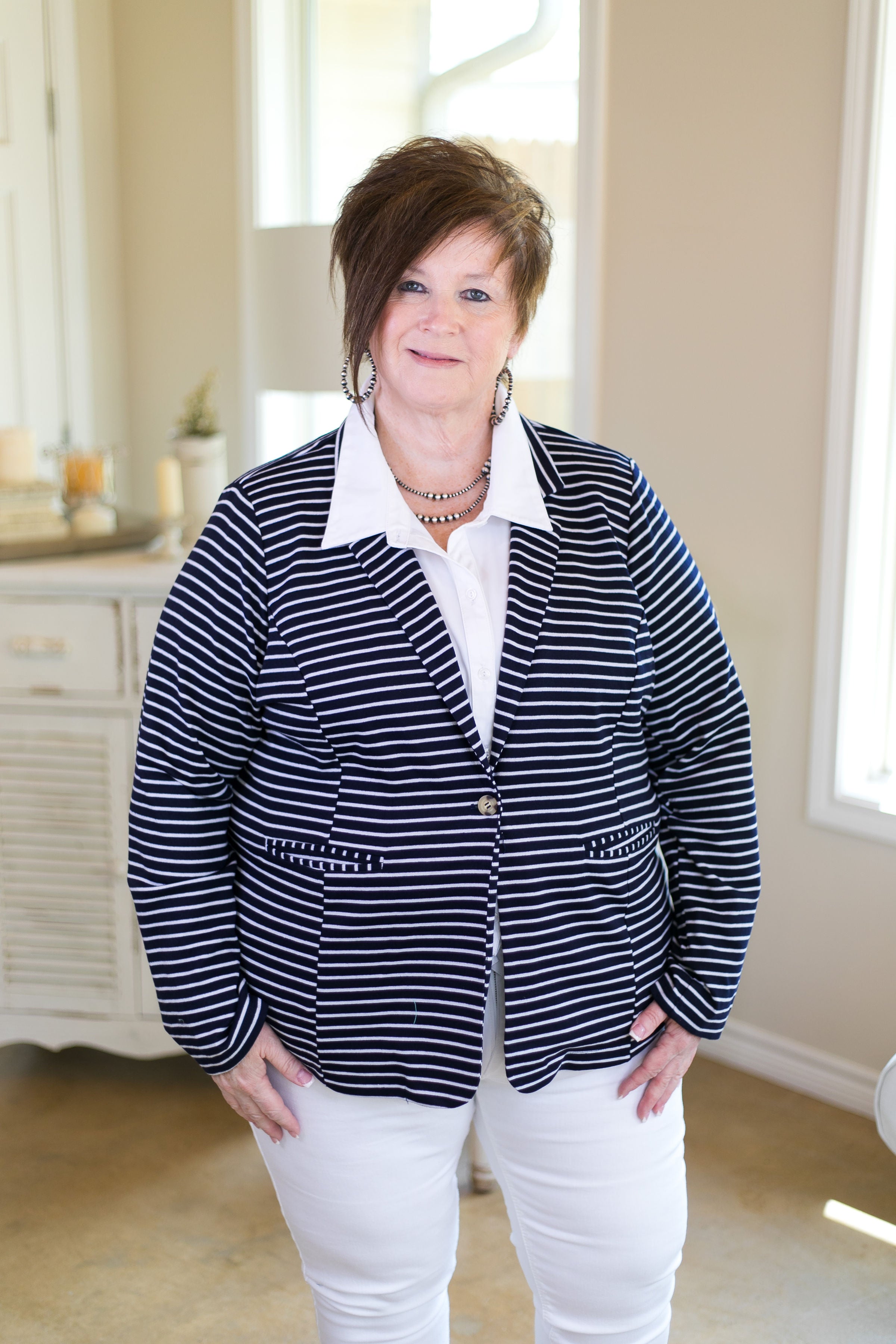 women's plus size boutique trendy professional blazer jacket work wear stripe striped stripes navy blue