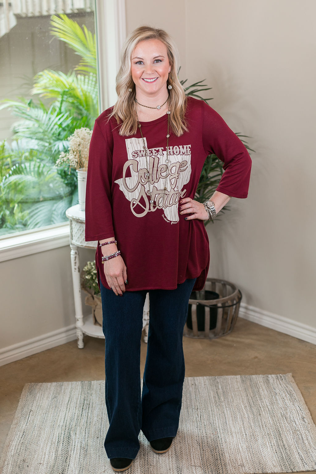 Sweet Home College Station Loose Fit 3/4 Sleeve Top in Maroon game day tee dolman top burgundy texas a&m aggies 