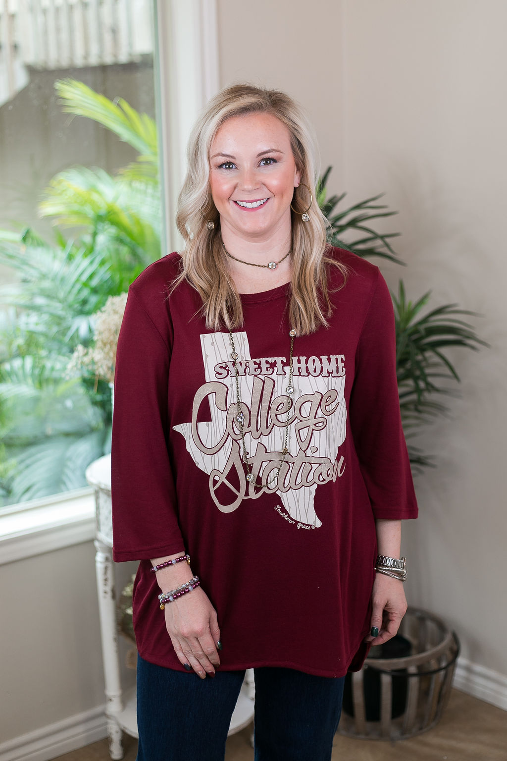 Sweet Home College Station Loose Fit 3/4 Sleeve Top in Maroon game day tee dolman top burgundy texas a&m aggies 