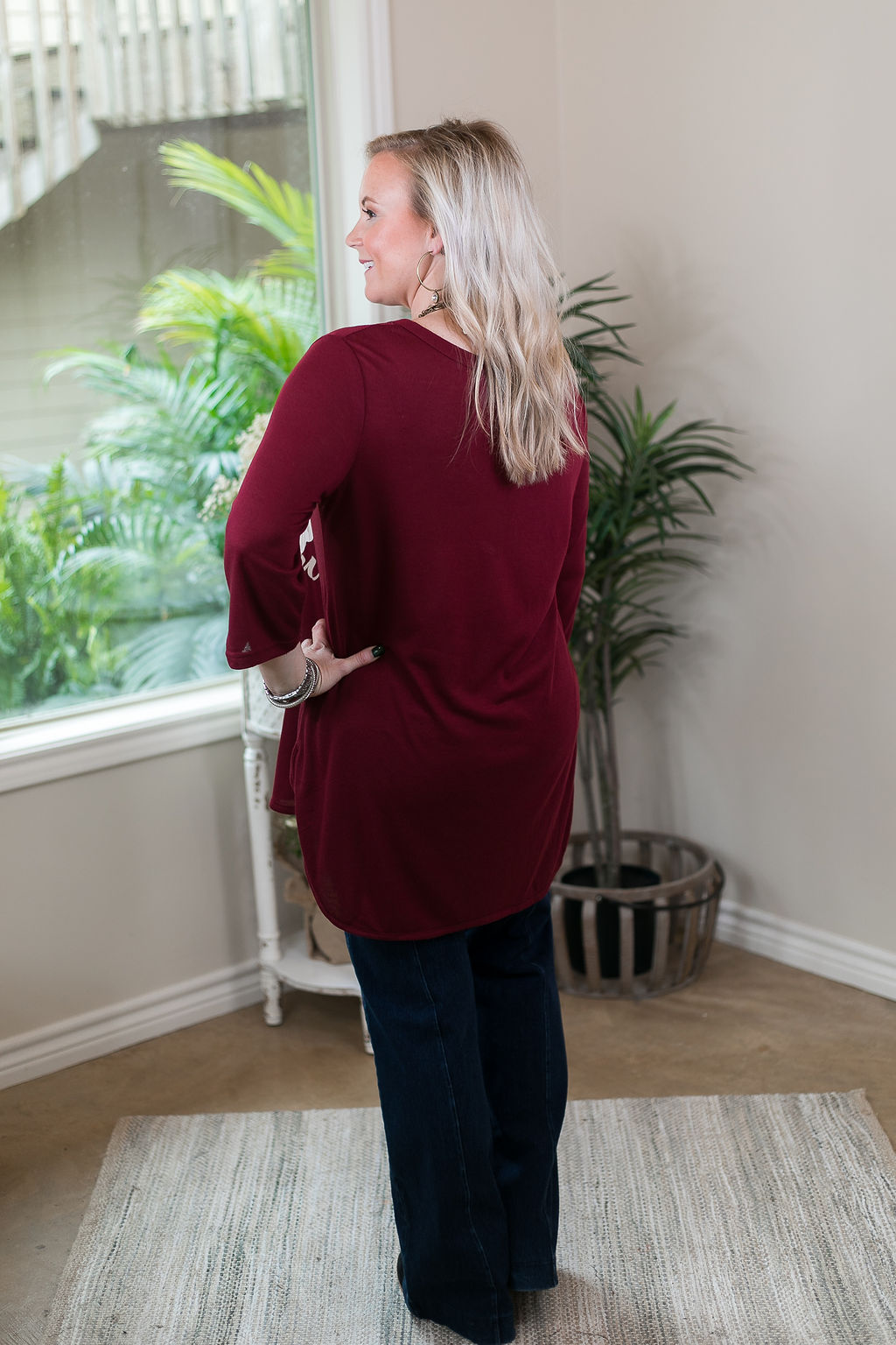 Sweet Home College Station Loose Fit 3/4 Sleeve Top in Maroon - Giddy Up Glamour Boutique