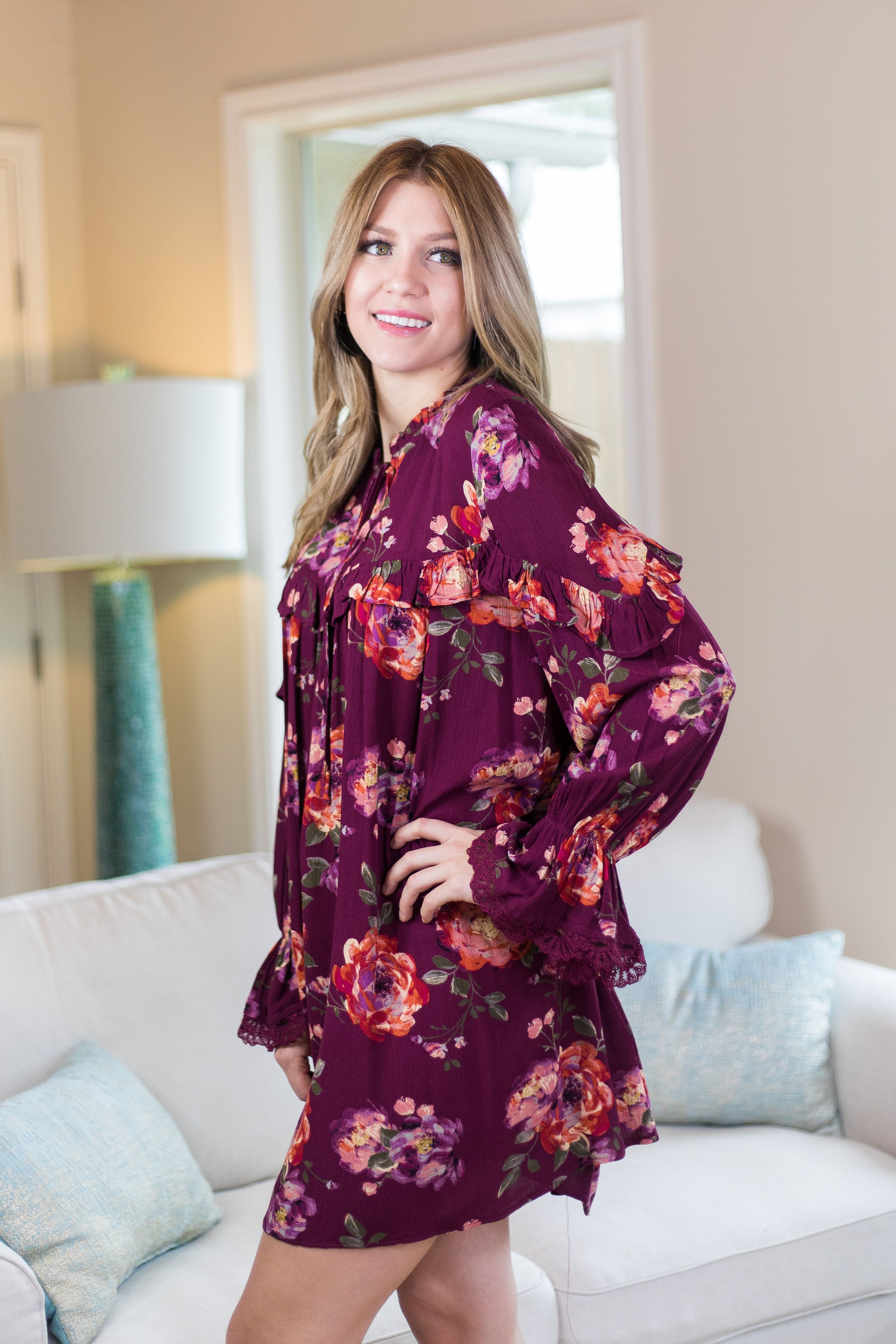 Last Chance size Small| Make Things Happen Floral Print Dress in Burgundy - Giddy Up Glamour Boutique