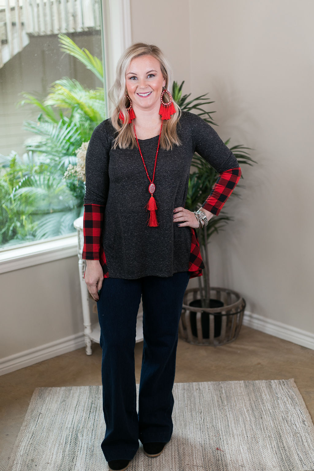 Last Chance Size Small | Perfect Timing Charcoal Top with Red Buffalo Plaid Accent - Giddy Up Glamour Boutique