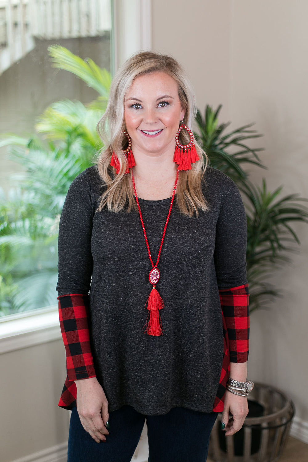 Last Chance Size Small | Perfect Timing Charcoal Top with Red Buffalo Plaid Accent - Giddy Up Glamour Boutique