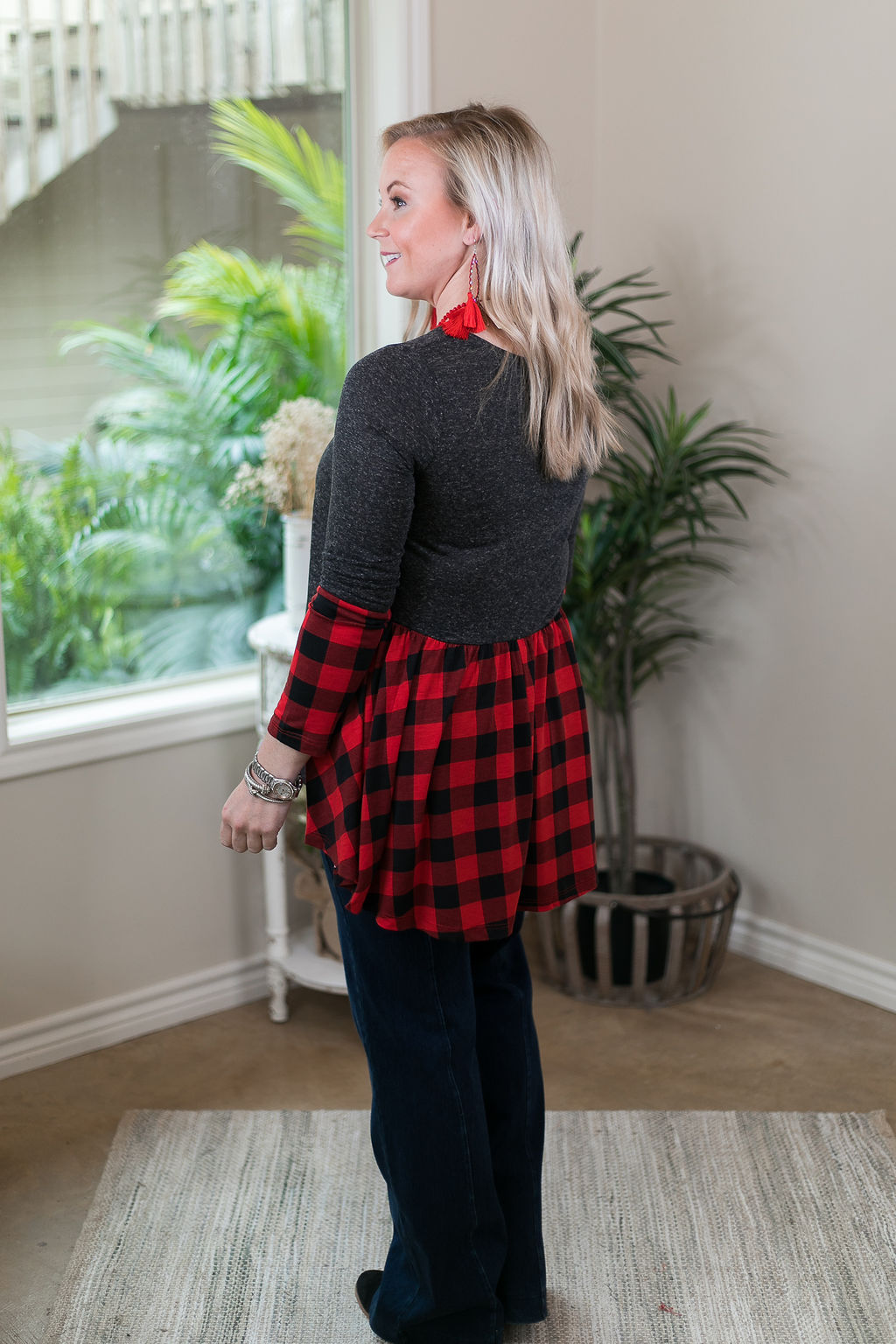 Last Chance Size Small | Perfect Timing Charcoal Top with Red Buffalo Plaid Accent - Giddy Up Glamour Boutique