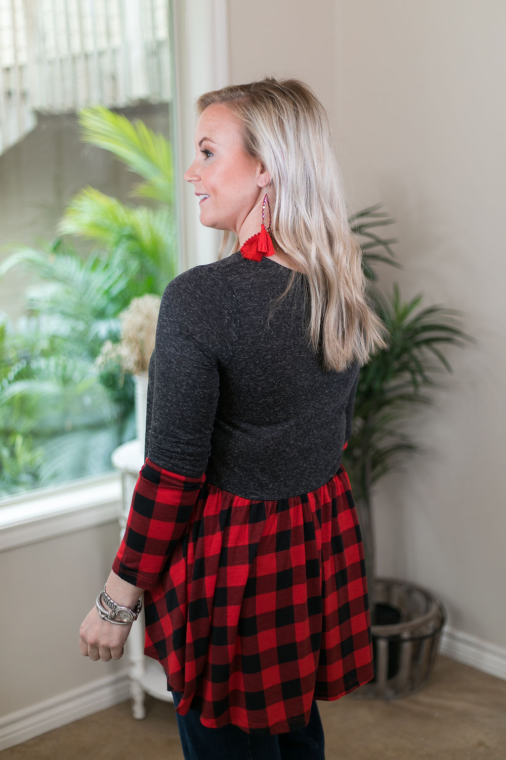 Last Chance Size Small | Perfect Timing Charcoal Top with Red Buffalo Plaid Accent - Giddy Up Glamour Boutique