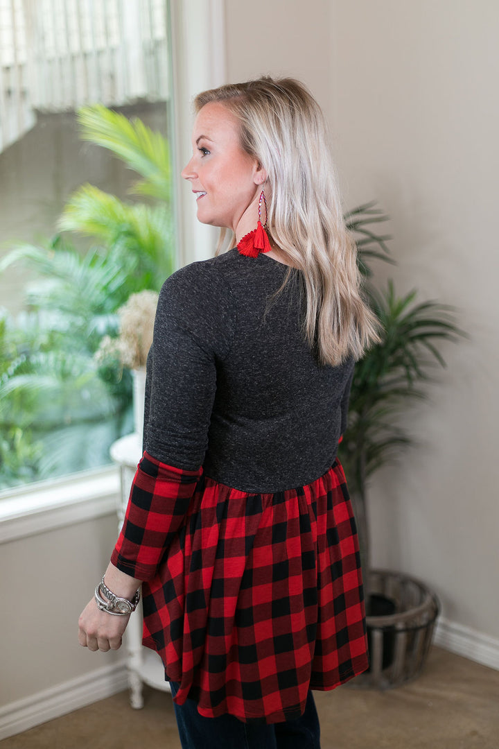 Last Chance Size Small | Perfect Timing Charcoal Top with Red Buffalo Plaid Accent - Giddy Up Glamour Boutique