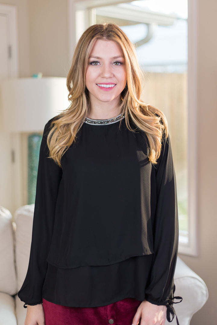 Last Chance Size Small & Medium | Glimmer in the Night Blouse with Beaded Neckline in Black - Giddy Up Glamour Boutique