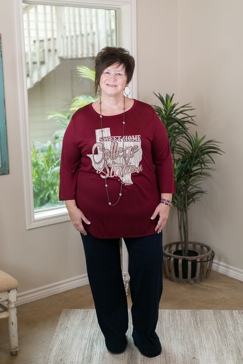 Sweet Home College Station Loose Fit 3/4 Sleeve Top in Maroon game day tee dolman top burgundy texas a&m aggies 