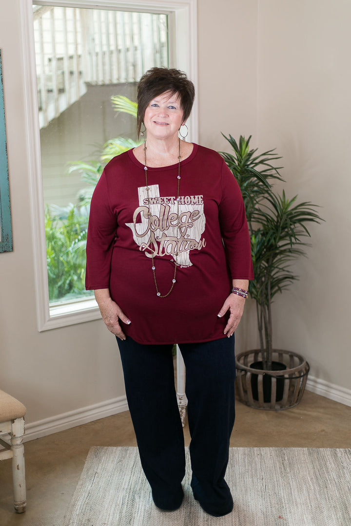 Sweet Home College Station Loose Fit 3/4 Sleeve Top in Maroon game day tee dolman top burgundy texas a&m aggies 