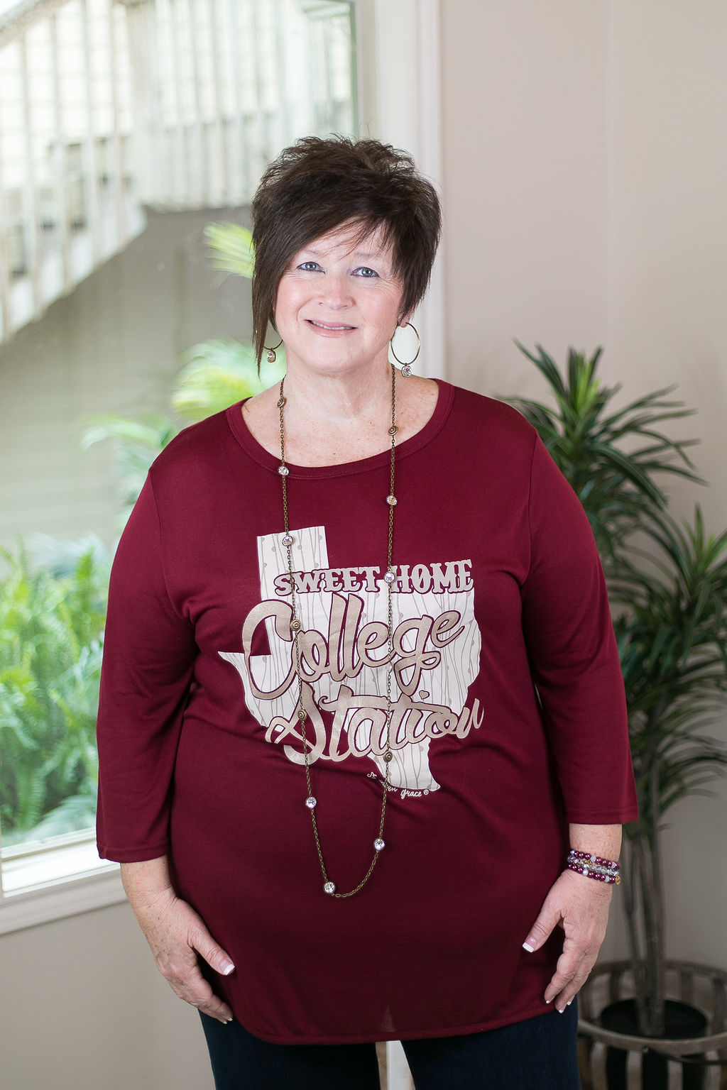 Sweet Home College Station Loose Fit 3/4 Sleeve Top in Maroon game day tee dolman top burgundy texas a&m aggies 