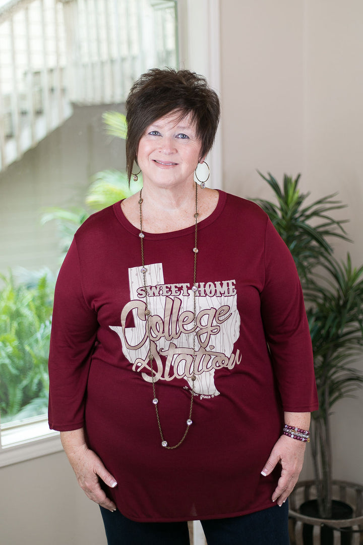 Sweet Home College Station Loose Fit 3/4 Sleeve Top in Maroon game day tee dolman top burgundy texas a&m aggies 