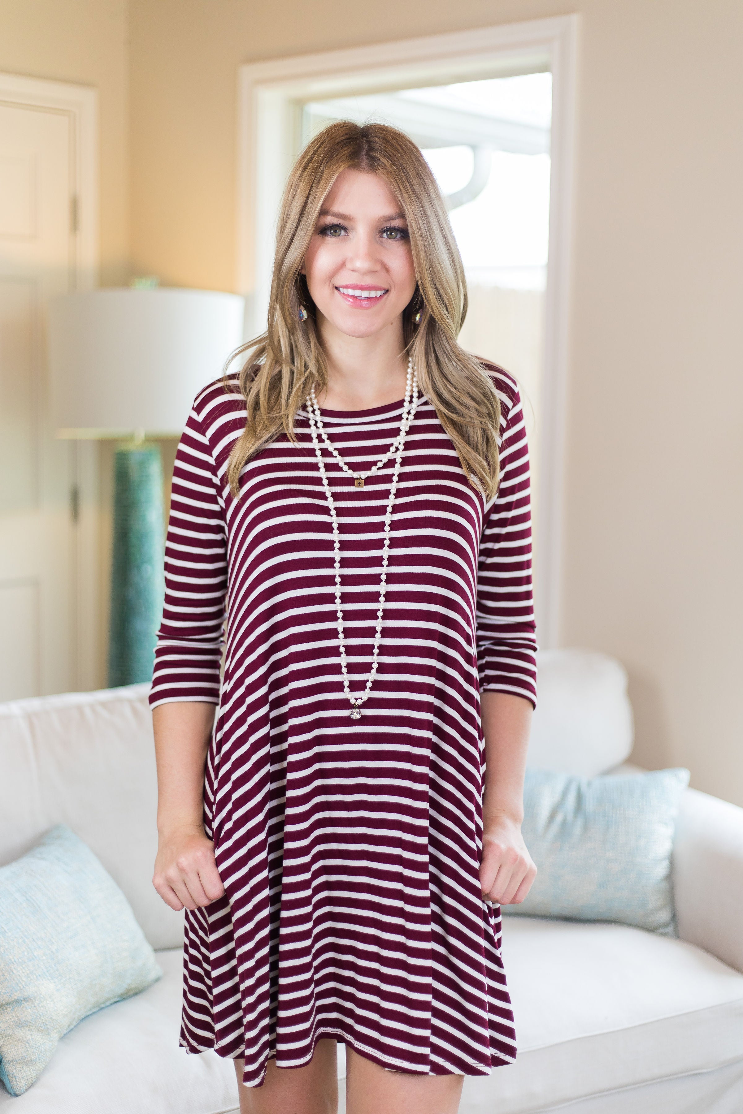 Last Chance Size Small | Earn Your Stripes 3/4 Sleeve Stripe Dress in Maroon - Giddy Up Glamour Boutique